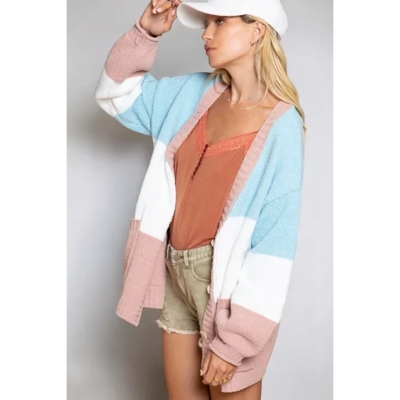POL Blue & Pink Chenille Button Down Relaxed Fit Cardigan - Picture 4 of 8